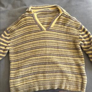 Zara Fuzzy Yellow and Gray Striped Cardigan